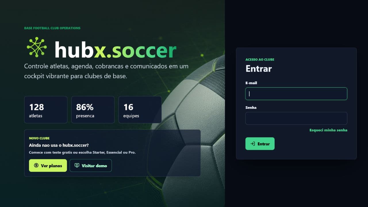 Hubx Soccer homepage showing the club operations overview